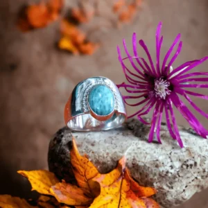Bague large cabochon Amazonite en Argent 925 avec une fleur violette
