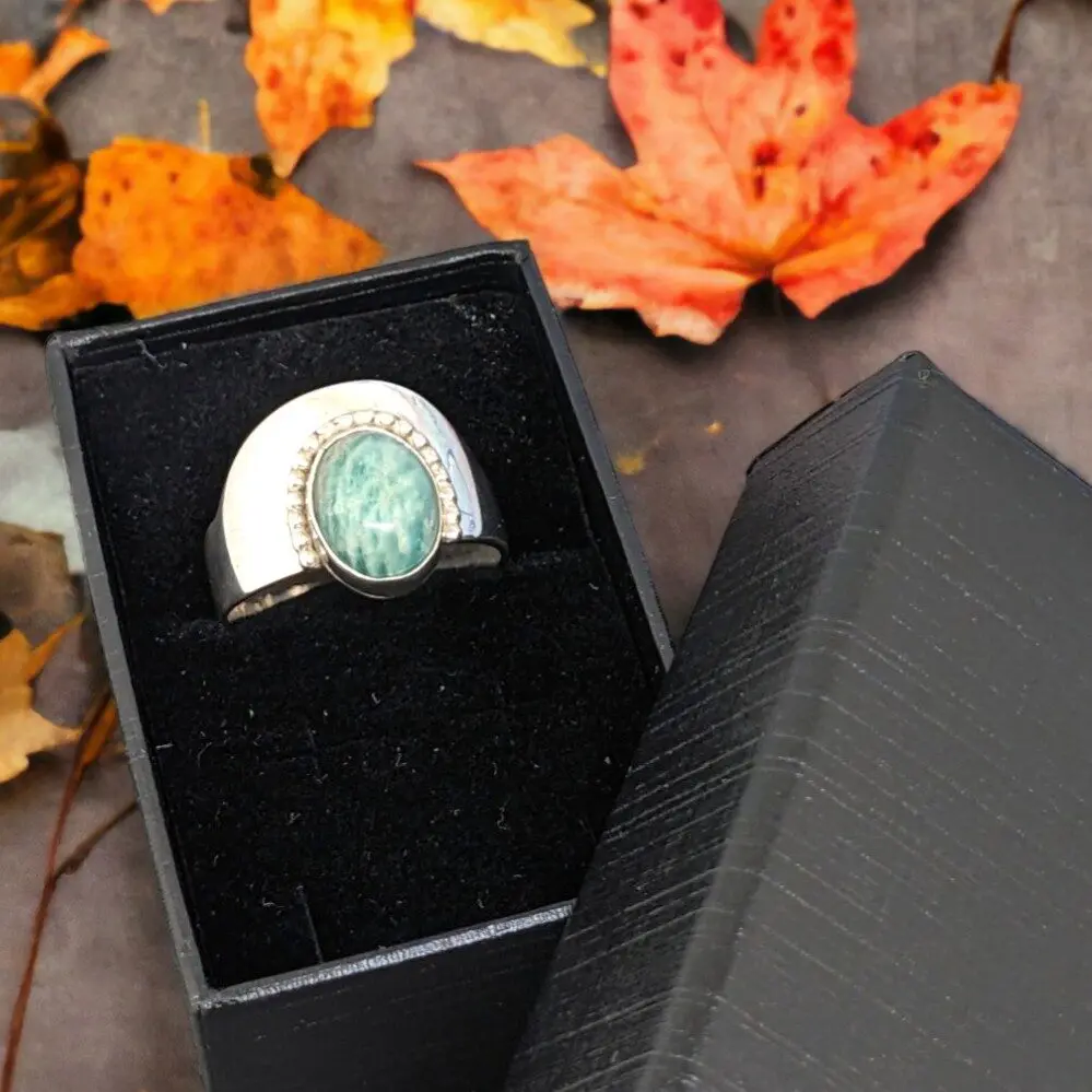 Bague large cabochon Amazonite en Argent 925 dans un écrin