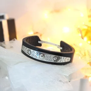 Bracelet ethnique cuir et Argent 925 et lumières dorées