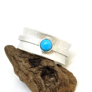 Bague spinner Turquoise en Argent 925 sur bois flotté