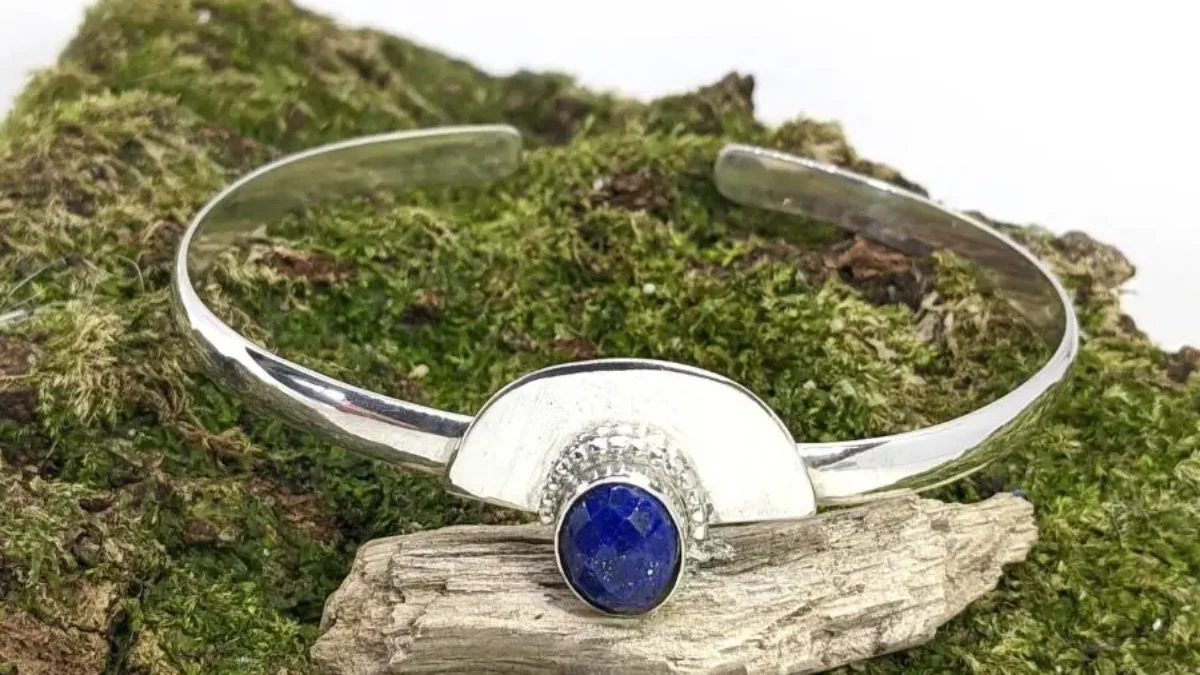 Bracelet Manchette Réglable En Lapis-Lazuli Et Argent 925 Plaqué - Fait Main En Inde - Neuf