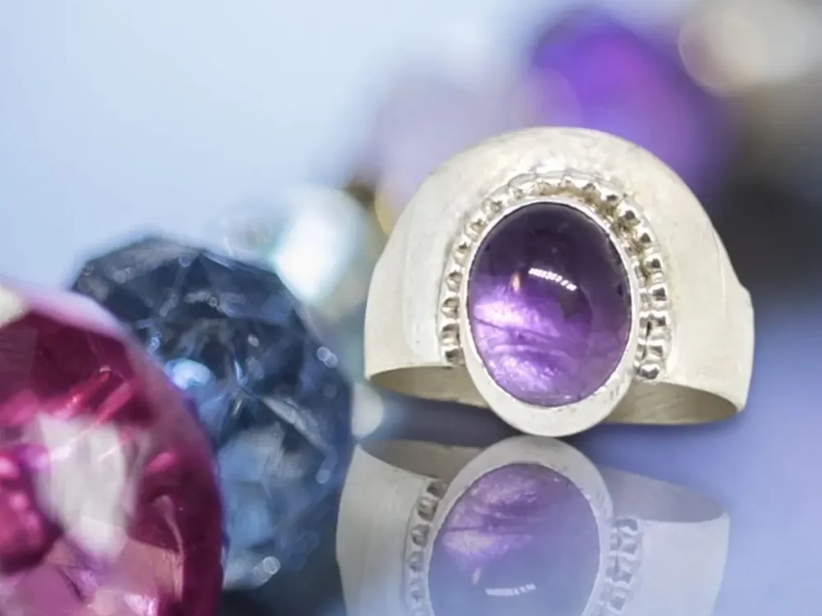 Bague En Argent 925 Avec Améthyste Carrée Et Perles - Taille 53 - Occasion Vintage
