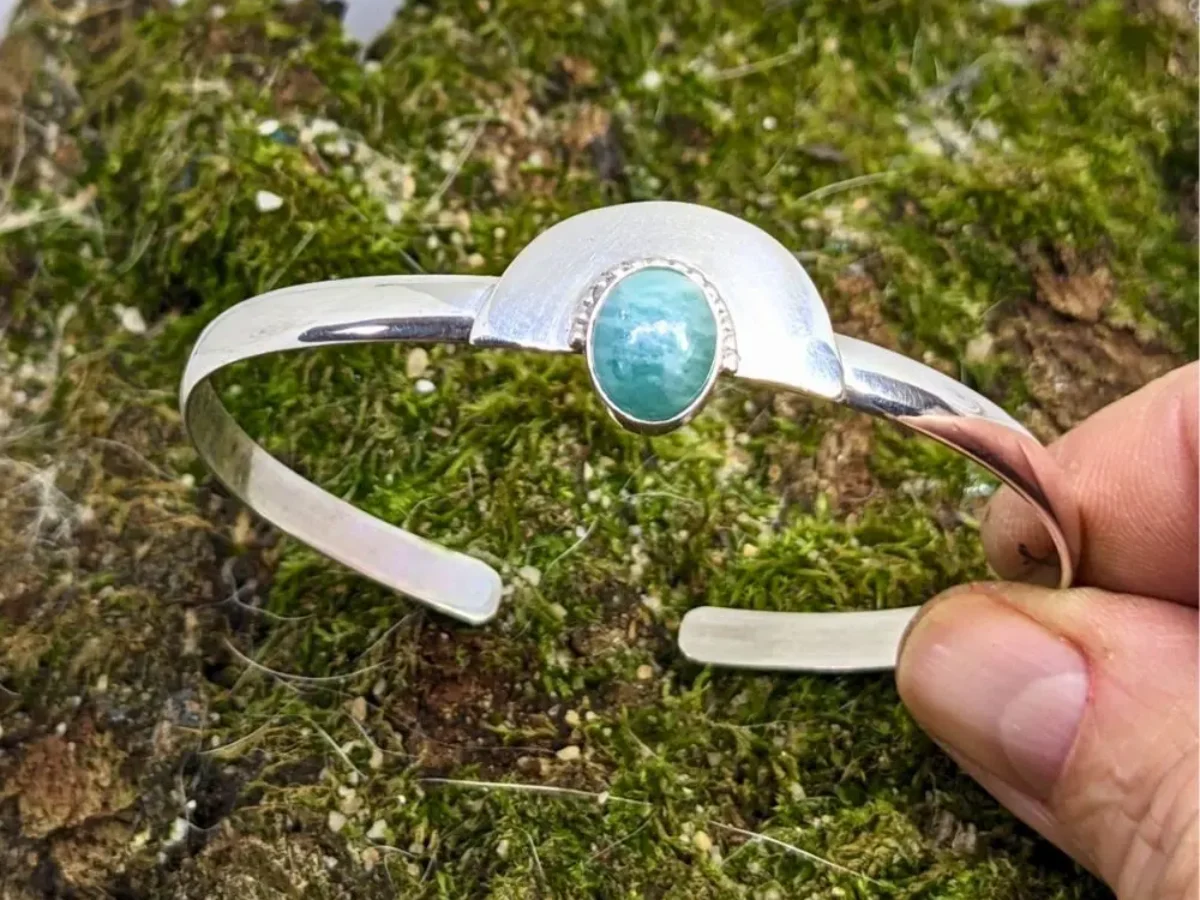 Bracelet Jonc En Argent Massif 10g Avec Pierre Ovale (amazonite?) - Occasion - Modèle W66