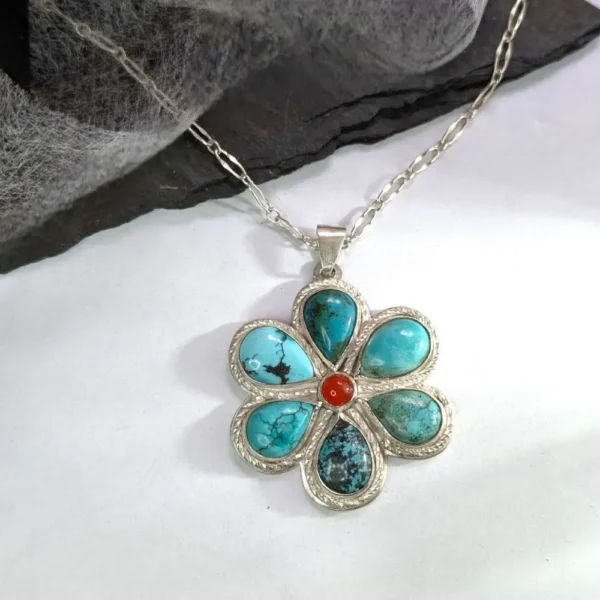 pendentif fleur turquoise et cornaline en argent massif